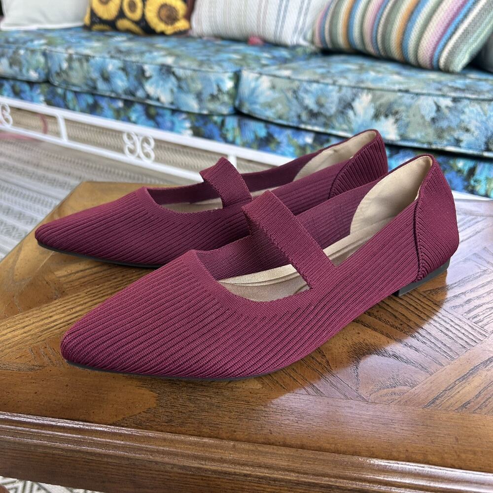 Women's Flats Pointed Toe Ballet Shoes Red Maroon, Comfortable Knit Dressy Flat